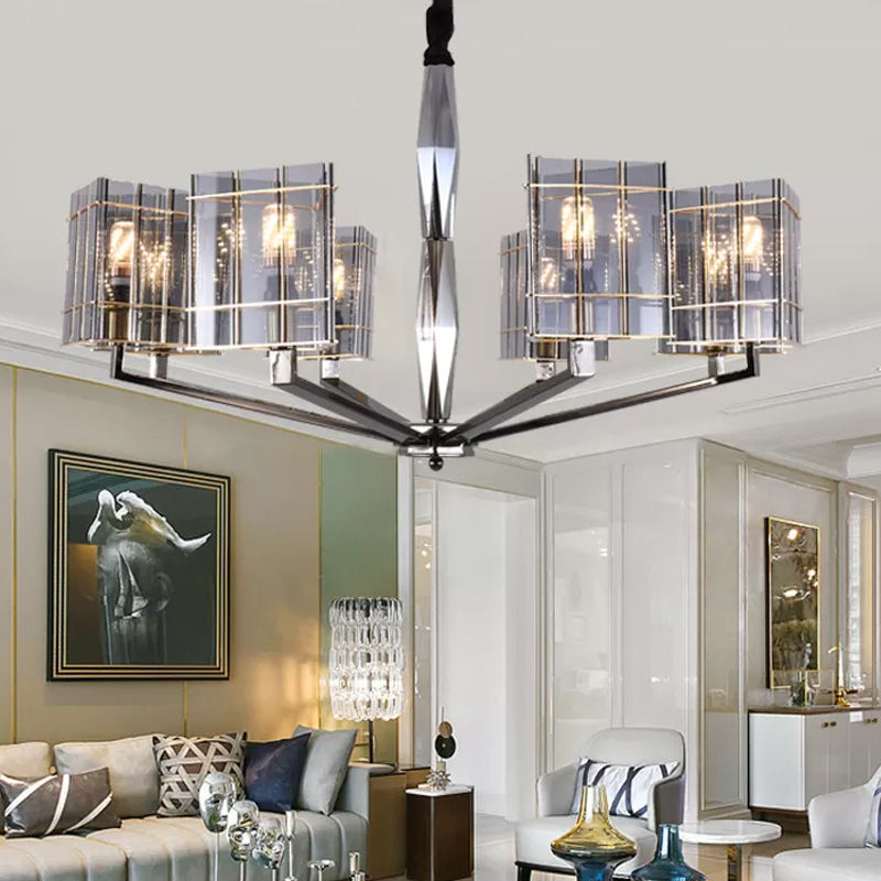 Smoke Grey Glass Silver Chandelier Triangle Prism 3/6/8 Heads Postmodern Hanging Light Fixture 8 Silver Clearhalo 'Ceiling Lights' 'Chandeliers' 'Modern Chandeliers' 'Modern' Lighting' 2010742