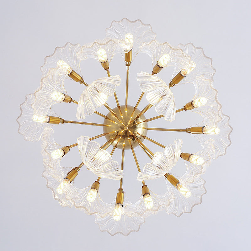 15/20 Bulbs Layered Scallop Hanging Light Nautical Gold Clear Glass Pendant Chandelier 20 Gold Clearhalo 'Ceiling Lights' 'Chandeliers' 'Modern Chandeliers' 'Modern' Lighting' 2010754