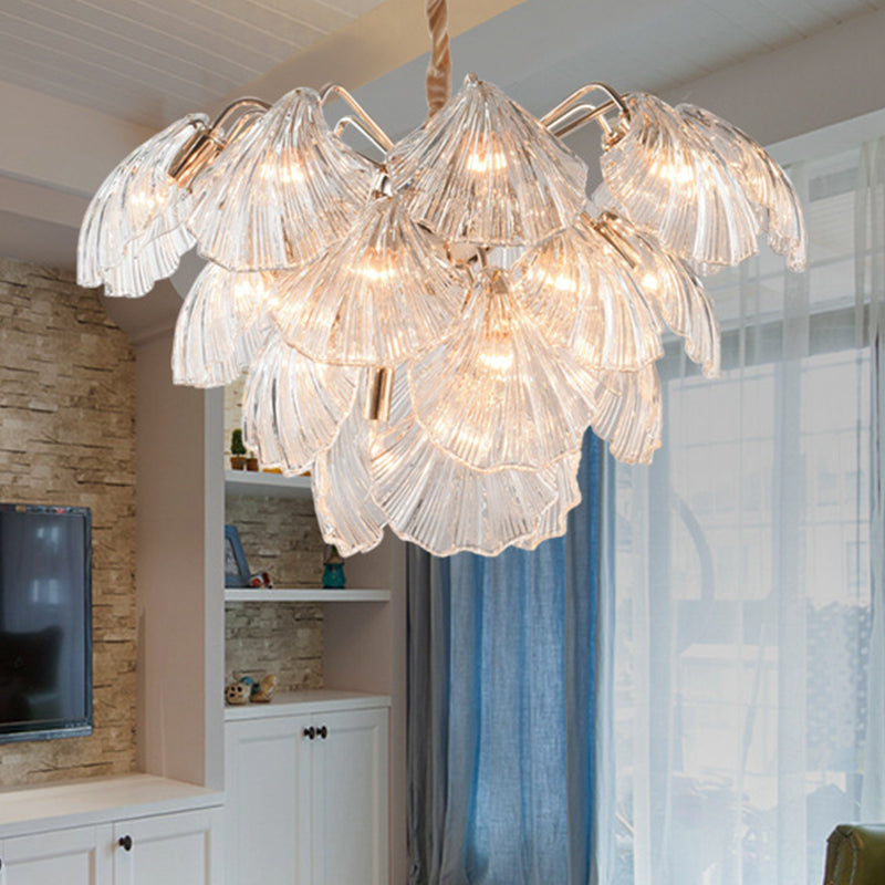 15/20 Bulbs Layered Scallop Hanging Light Nautical Gold Clear Glass Pendant Chandelier Clearhalo 'Ceiling Lights' 'Chandeliers' 'Modern Chandeliers' 'Modern' Lighting' 2010755