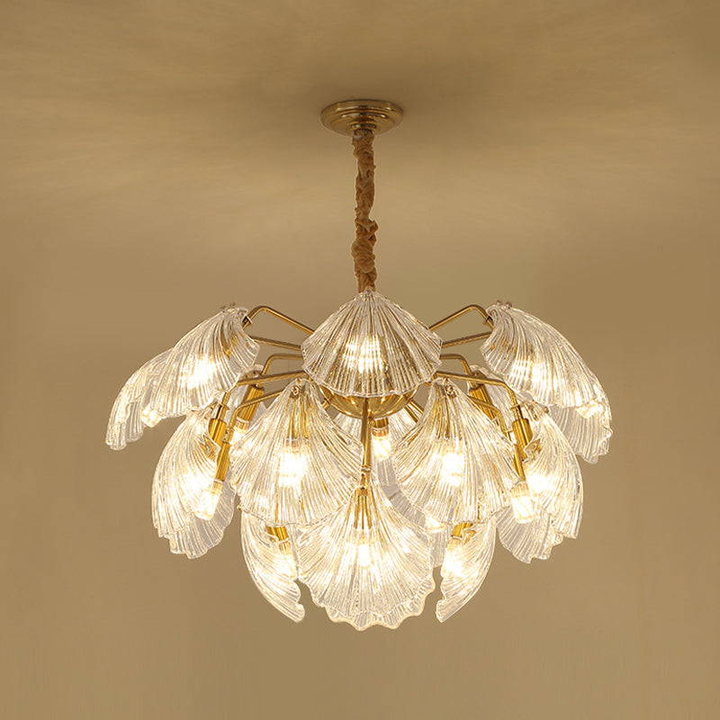 15/20 Bulbs Layered Scallop Hanging Light Nautical Gold Clear Glass Pendant Chandelier 15 Gold Clearhalo 'Ceiling Lights' 'Chandeliers' 'Modern Chandeliers' 'Modern' Lighting' 2010756