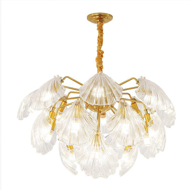 15/20 Bulbs Layered Scallop Hanging Light Nautical Gold Clear Glass Pendant Chandelier Clearhalo 'Ceiling Lights' 'Chandeliers' 'Modern Chandeliers' 'Modern' Lighting' 2010757