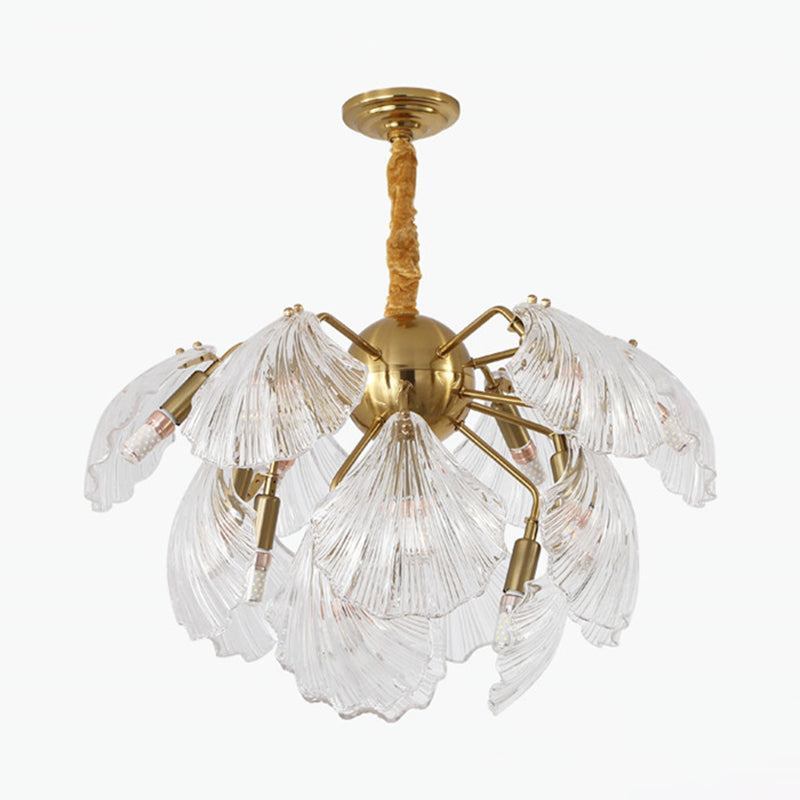 15/20 Bulbs Layered Scallop Hanging Light Nautical Gold Clear Glass Pendant Chandelier Clearhalo 'Ceiling Lights' 'Chandeliers' 'Modern Chandeliers' 'Modern' Lighting' 2010758