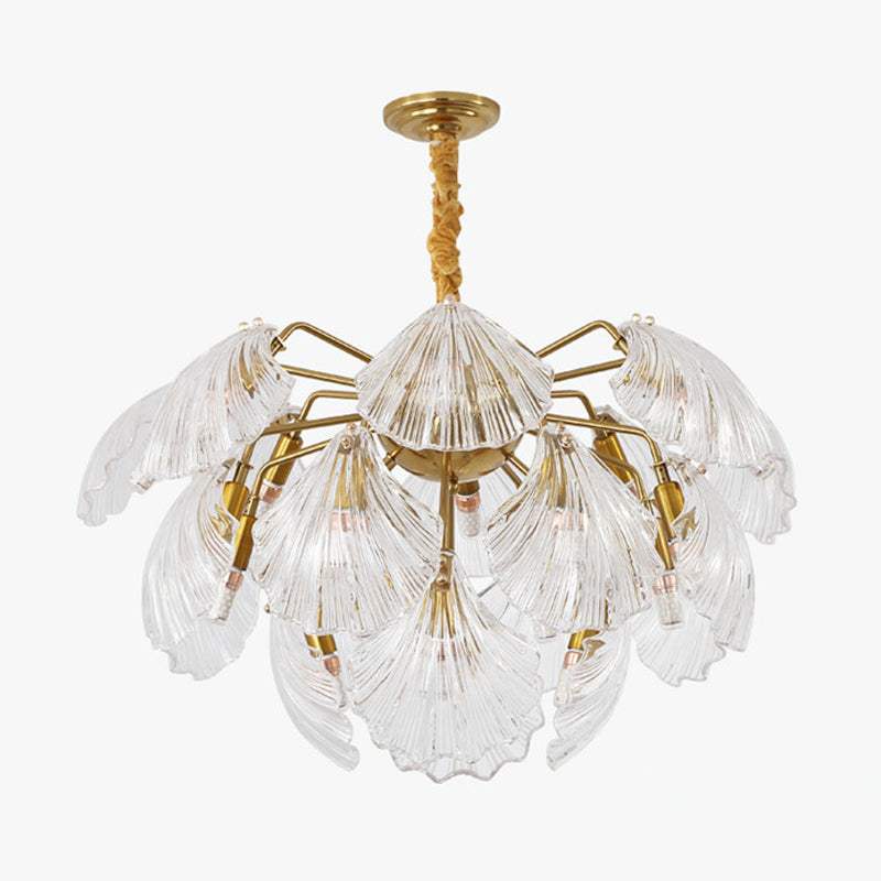 15/20 Bulbs Layered Scallop Hanging Light Nautical Gold Clear Glass Pendant Chandelier Clearhalo 'Ceiling Lights' 'Chandeliers' 'Modern Chandeliers' 'Modern' Lighting' 2010759