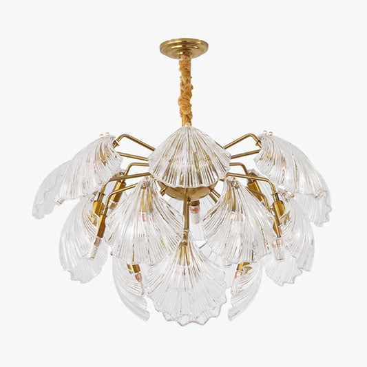 15/20 Bulbs Layered Scallop Hanging Light Nautical Gold Clear Glass Pendant Chandelier Clearhalo 'Ceiling Lights' 'Chandeliers' 'Modern Chandeliers' 'Modern' Lighting' 2010759