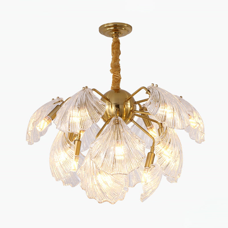 15/20 Bulbs Layered Scallop Hanging Light Nautical Gold Clear Glass Pendant Chandelier Clearhalo 'Ceiling Lights' 'Chandeliers' 'Modern Chandeliers' 'Modern' Lighting' 2010760