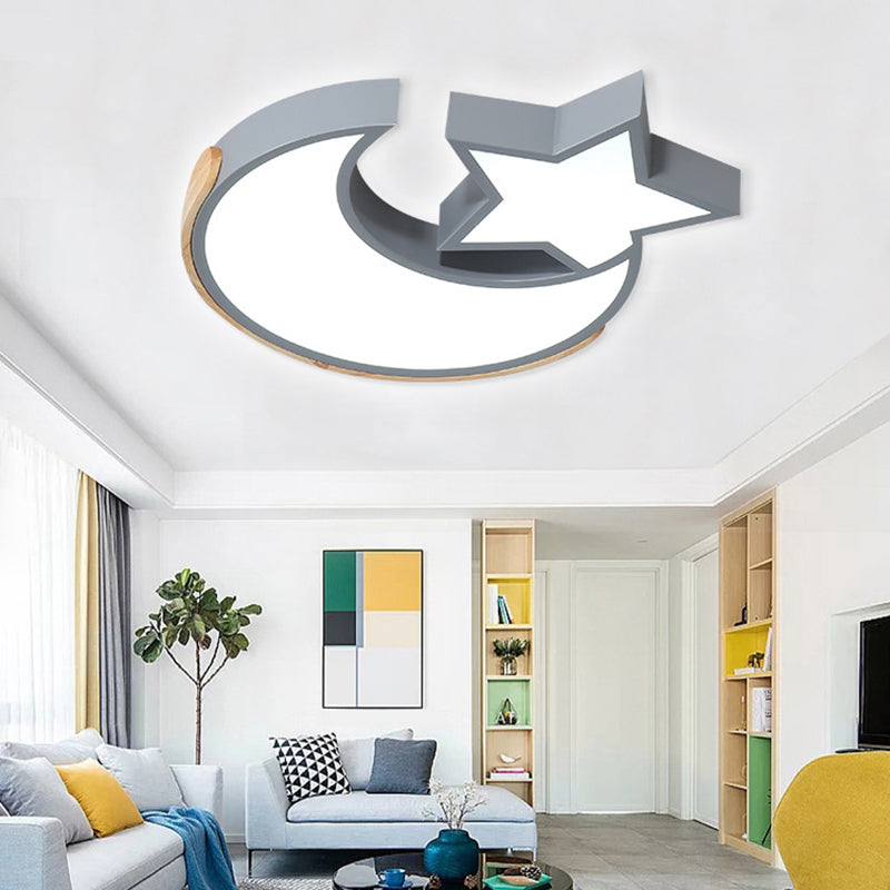 Macaron Star Moon Ceiling Fixture Nordic Style Metal LED Ceiling Mount Light in Grey/Blue/Green for Bedroom Grey Clearhalo 'Ceiling Lights' 'Close To Ceiling Lights' 'Close to ceiling' 'Flush mount' Lighting' 201078