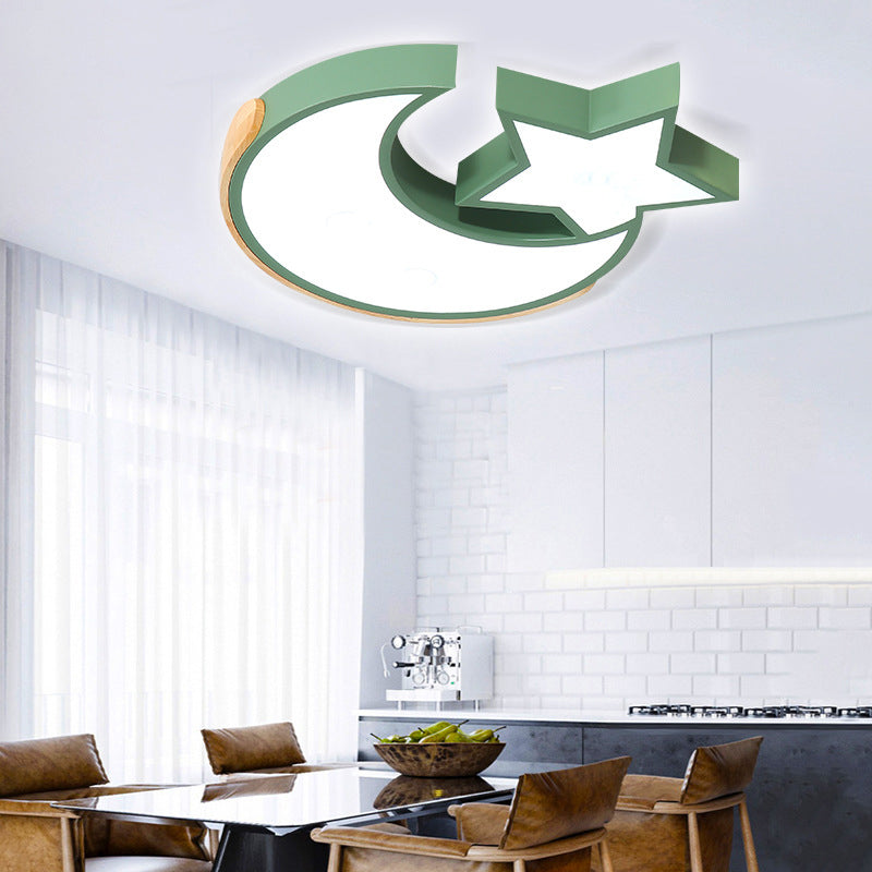 Macaron Star Moon Ceiling Fixture Nordic Style Metal LED Ceiling Mount Light in Grey/Blue/Green for Bedroom Green Clearhalo 'Ceiling Lights' 'Close To Ceiling Lights' 'Close to ceiling' 'Flush mount' Lighting' 201085