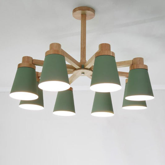 Wood Radial Chandelier Lighting Simplicity 8-Light Pendant Light Kit with Barrel Metal Shade Green Clearhalo 'Ceiling Lights' 'Chandeliers' 'Modern Chandeliers' 'Modern' Lighting' 2011013