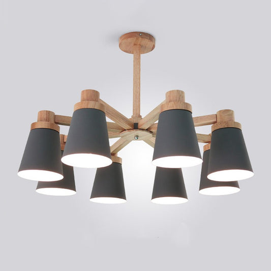 Wood Radial Chandelier Lighting Simplicity 8-Light Pendant Light Kit with Barrel Metal Shade Grey Clearhalo 'Ceiling Lights' 'Chandeliers' 'Modern Chandeliers' 'Modern' Lighting' 2011014