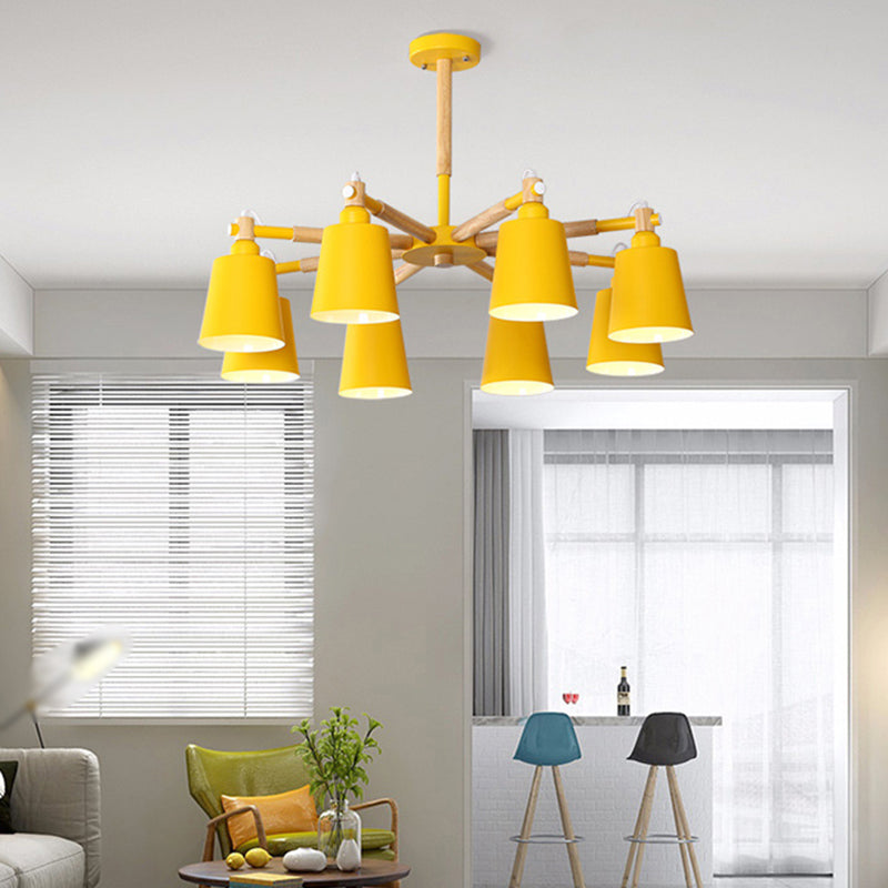 Starburst Chandelier Lamp Nordic Wood 8 Lights Ceiling Pendant with Conic Metal Shade 8 Yellow Clearhalo 'Ceiling Lights' 'Chandeliers' 'Modern Chandeliers' 'Modern' Lighting' 2011015