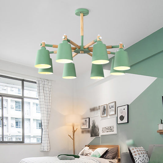 Starburst Chandelier Lamp Nordic Wood 8 Lights Ceiling Pendant with Conic Metal Shade 8 Green Clearhalo 'Ceiling Lights' 'Chandeliers' 'Modern Chandeliers' 'Modern' Lighting' 2011018