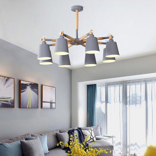 Starburst Chandelier Lamp Nordic Wood 8 Lights Ceiling Pendant with Conic Metal Shade 8 Grey Clearhalo 'Ceiling Lights' 'Chandeliers' 'Modern Chandeliers' 'Modern' Lighting' 2011019