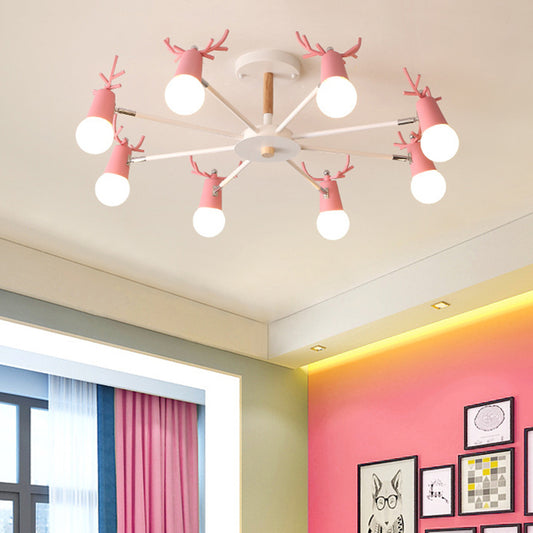 Antler Semi Mount Lighting Simplicity Metal Ceiling Mounted Fixture with Exposed Bulb Design 8 Pink Clearhalo 'Ceiling Lights' 'Close To Ceiling Lights' 'Close to ceiling' 'Semi-flushmount' Lighting' 2011033