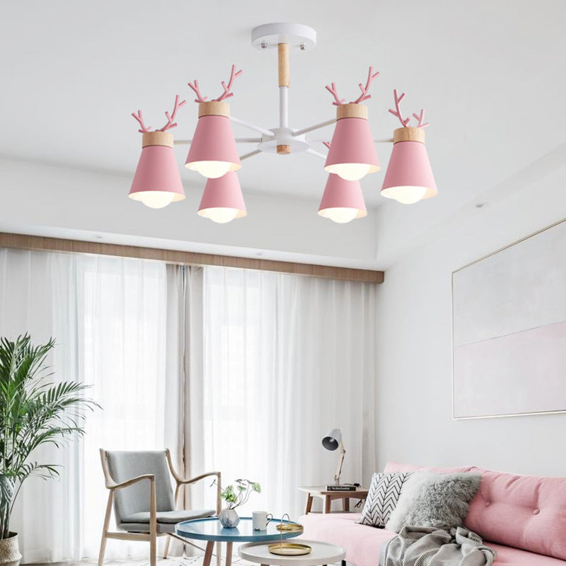 Barrel Semi Flush Light Modern 6 Heads Metal Ceiling Lamp with Antler Design for Living Room 6 Pink Clearhalo 'Ceiling Lights' 'Close To Ceiling Lights' 'Close to ceiling' 'Semi-flushmount' Lighting' 2011037