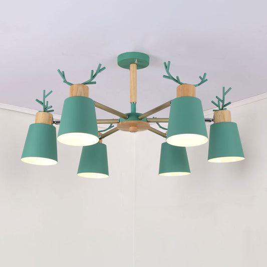 Nordic 6 Bulbs Antler Semi Flush Mount Cone Ceiling Light Fixture with Metal Shade 6 Green Clearhalo 'Ceiling Lights' 'Close To Ceiling Lights' 'Close to ceiling' 'Semi-flushmount' Lighting' 2011044