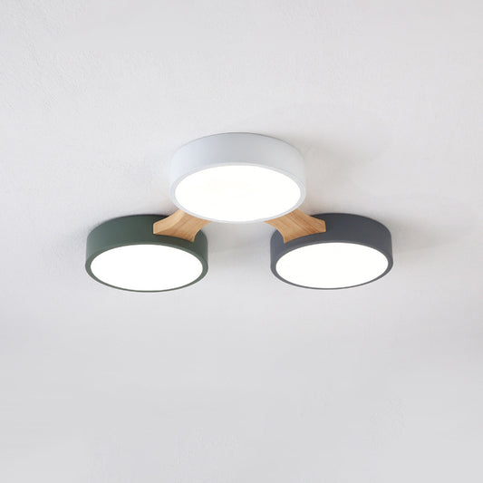 Drum Flush Ceiling Light Minimal Acrylic LED Flush Mount Fixture with Wood Arm 3 Wood Clearhalo 'Ceiling Lights' 'Close To Ceiling Lights' 'Close to ceiling' 'Flush mount' Lighting' 2011106