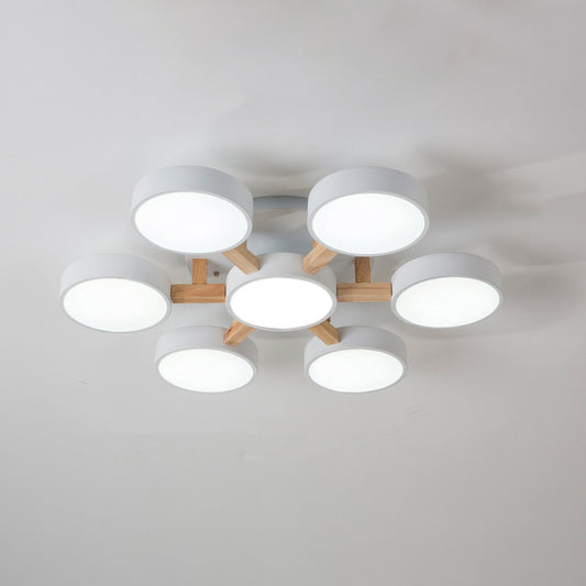 Round Living Room Semi Mount Lighting Acrylic Minimalist Ceiling Light Fixture with Wood Arm 7 White Clearhalo 'Ceiling Lights' 'Close To Ceiling Lights' 'Close to ceiling' 'Semi-flushmount' Lighting' 2011124