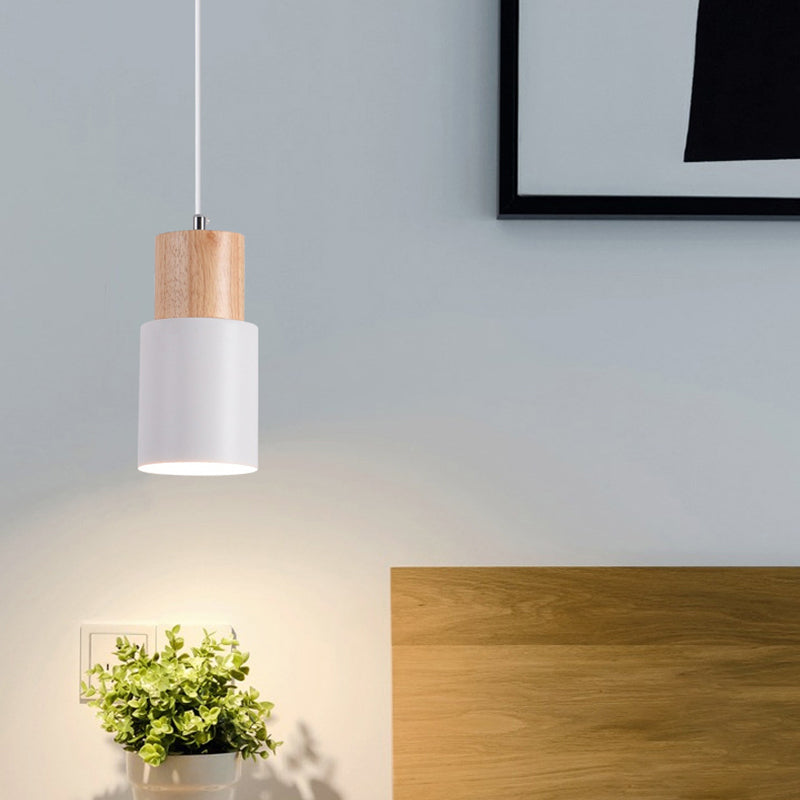 Simple 1 Bulb Pendant Ceiling Light Cylinder Wood Down Lighting with Metal Shade White Clearhalo 'Ceiling Lights' 'Modern Pendants' 'Modern' 'Pendant Lights' 'Pendants' Lighting' 2011193