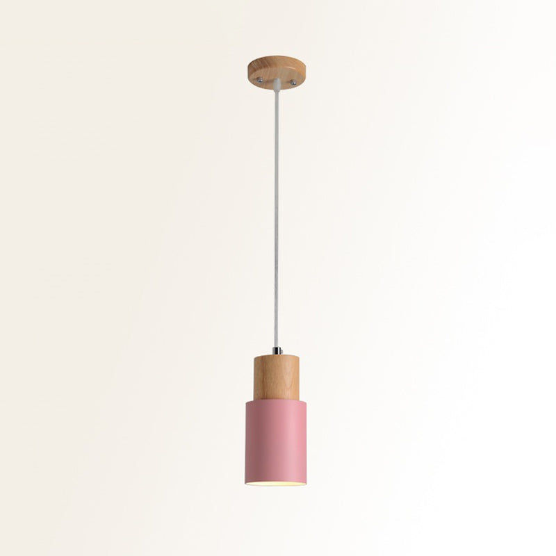 Simple 1 Bulb Pendant Ceiling Light Cylinder Wood Down Lighting with Metal Shade Pink Clearhalo 'Ceiling Lights' 'Modern Pendants' 'Modern' 'Pendant Lights' 'Pendants' Lighting' 2011195