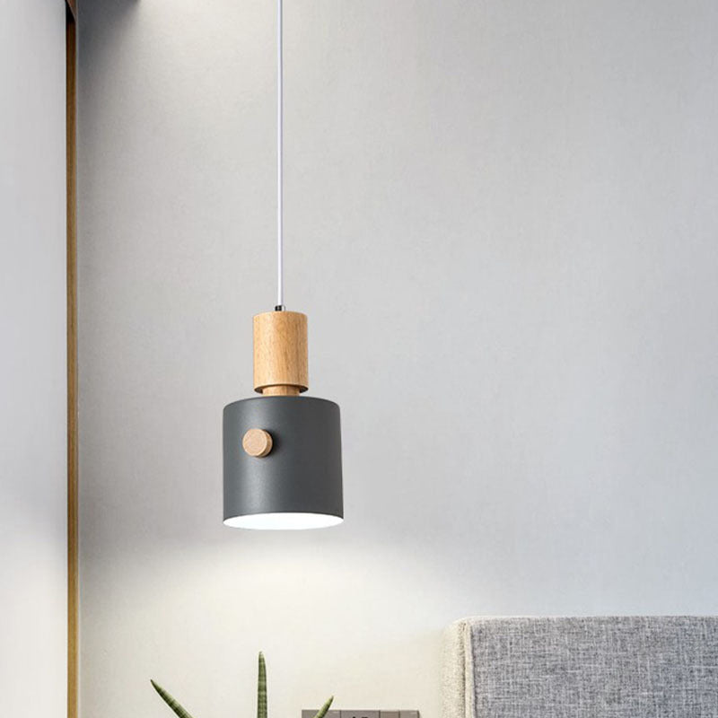 Modern Cylinder Pendant Light Kit Metal 1-Head Dining Room Ceiling Suspension Lamp with Wood Grip Grey Clearhalo 'Ceiling Lights' 'Modern Pendants' 'Modern' 'Pendant Lights' 'Pendants' Lighting' 2011207