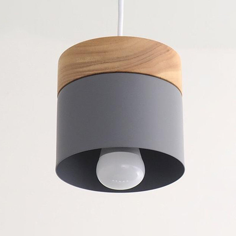 Metal Cylinder Pendant Lamp Simple 1-Bulb Down Lighting with Wood Top for Dining Room Grey Clearhalo 'Ceiling Lights' 'Modern Pendants' 'Modern' 'Pendant Lights' 'Pendants' Lighting' 2011210