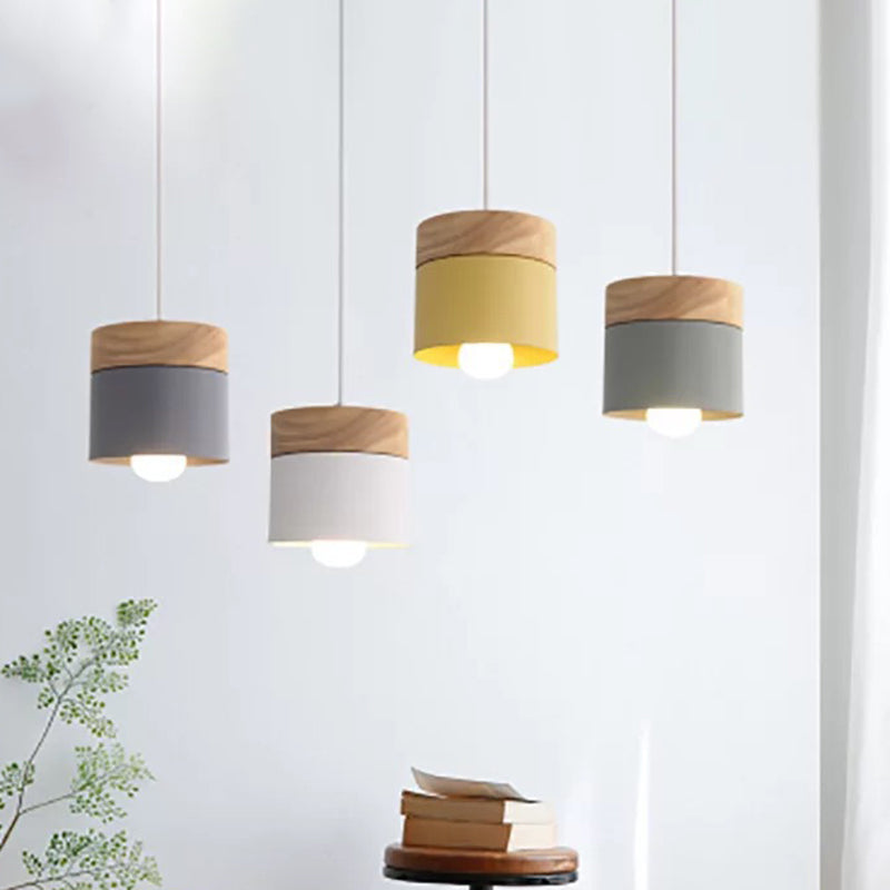 Metal Cylinder Pendant Lamp Simple 1-Bulb Down Lighting with Wood Top for Dining Room Clearhalo 'Ceiling Lights' 'Modern Pendants' 'Modern' 'Pendant Lights' 'Pendants' Lighting' 2011211