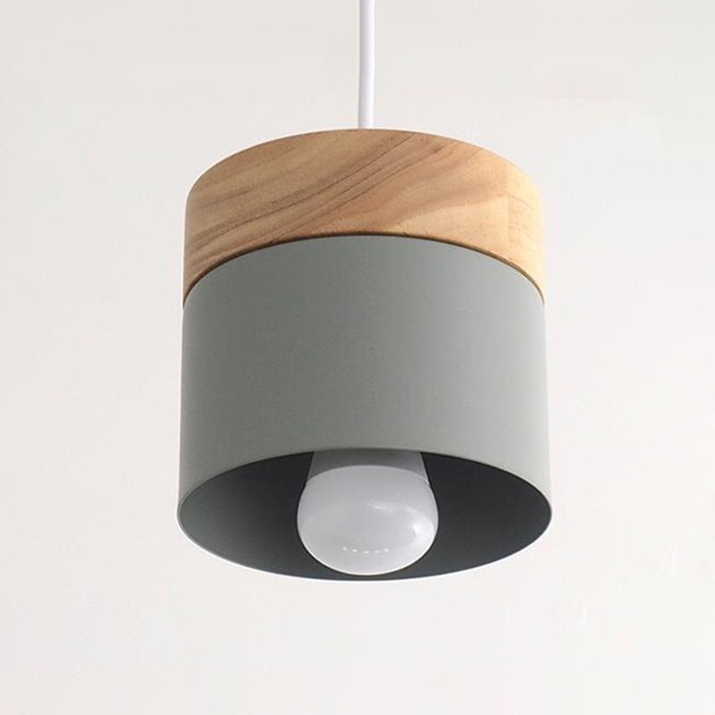 Metal Cylinder Pendant Lamp Simple 1-Bulb Down Lighting with Wood Top for Dining Room Khaki Clearhalo 'Ceiling Lights' 'Modern Pendants' 'Modern' 'Pendant Lights' 'Pendants' Lighting' 2011212