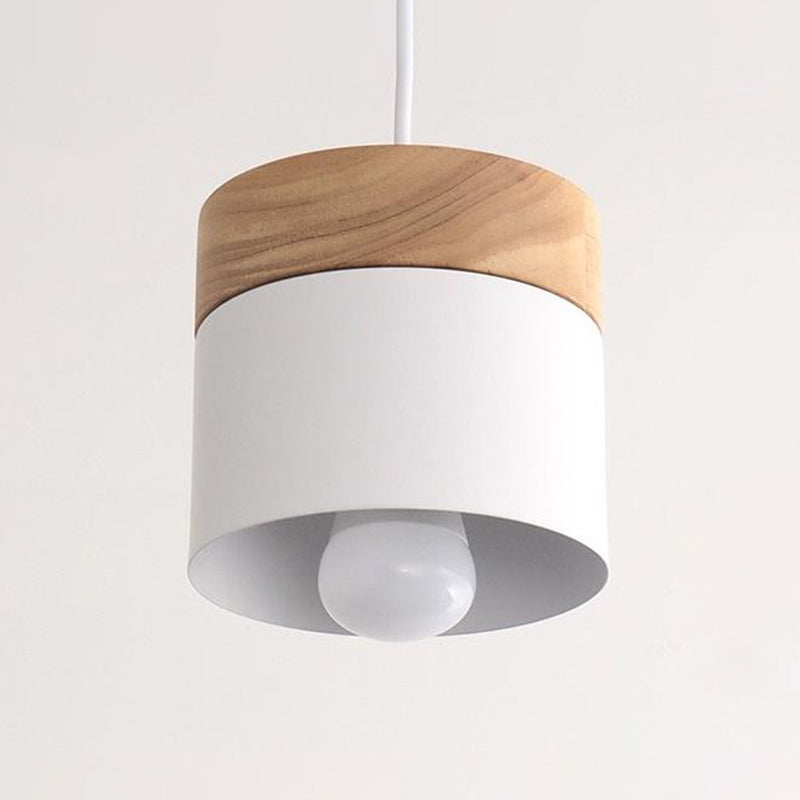 Metal Cylinder Pendant Lamp Simple 1-Bulb Down Lighting with Wood Top for Dining Room White Clearhalo 'Ceiling Lights' 'Modern Pendants' 'Modern' 'Pendant Lights' 'Pendants' Lighting' 2011213