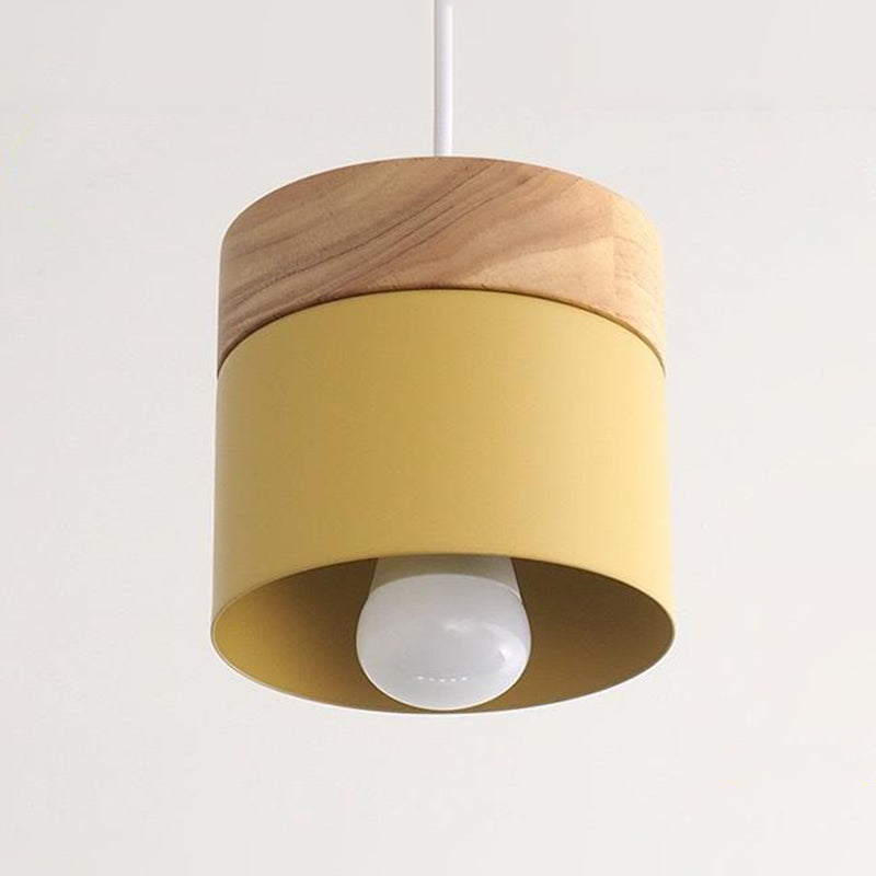 Metal Cylinder Pendant Lamp Simple 1-Bulb Down Lighting with Wood Top for Dining Room Yellow Clearhalo 'Ceiling Lights' 'Modern Pendants' 'Modern' 'Pendant Lights' 'Pendants' Lighting' 2011214