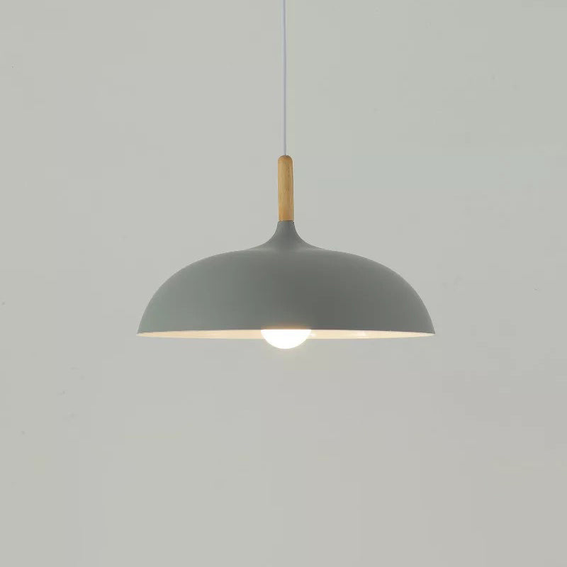 Macaron Dome Hanging Lamp Metal 1 Light Dining Room Pendant Lighting Fixture with Wood Top Grey Clearhalo 'Ceiling Lights' 'Modern Pendants' 'Modern' 'Pendant Lights' 'Pendants' Lighting' 2011258