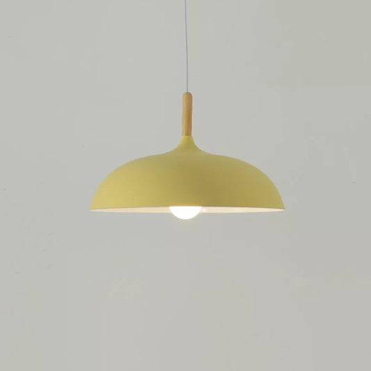Macaron Dome Hanging Lamp Metal 1 Light Dining Room Pendant Lighting Fixture with Wood Top Yellow Clearhalo 'Ceiling Lights' 'Modern Pendants' 'Modern' 'Pendant Lights' 'Pendants' Lighting' 2011260