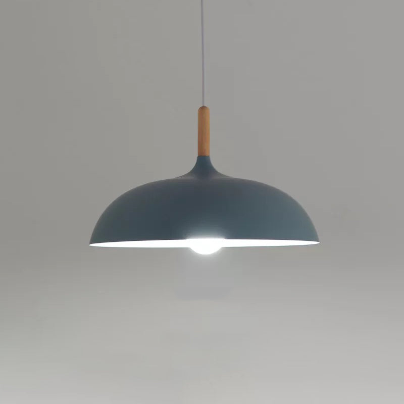 Macaron Dome Hanging Lamp Metal 1 Light Dining Room Pendant Lighting Fixture with Wood Top Blue Clearhalo 'Ceiling Lights' 'Modern Pendants' 'Modern' 'Pendant Lights' 'Pendants' Lighting' 2011262