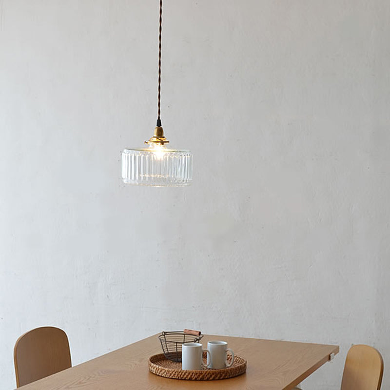 Clear Ribbed Glass Brass Pendulum Light Round 1 Head Warehouse Suspension Lamp Clearhalo 'Ceiling Lights' 'Glass shade' 'Glass' 'Industrial Pendants' 'Industrial' 'Middle Century Pendants' 'Pendant Lights' 'Pendants' 'Tiffany' Lighting' 2011333