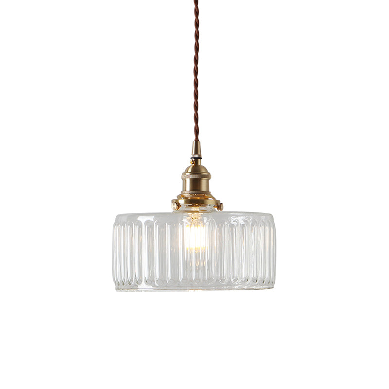 Clear Ribbed Glass Brass Pendulum Light Round 1 Head Warehouse Suspension Lamp Clearhalo 'Ceiling Lights' 'Glass shade' 'Glass' 'Industrial Pendants' 'Industrial' 'Middle Century Pendants' 'Pendant Lights' 'Pendants' 'Tiffany' Lighting' 2011335