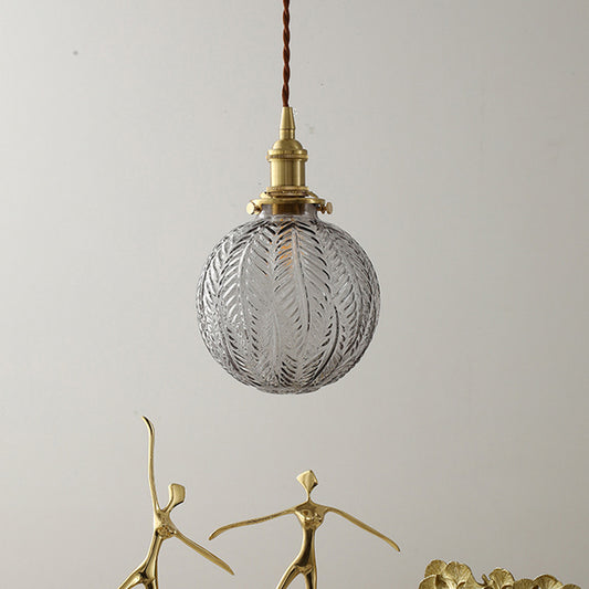 1 Head Spherical Pendant Light Kit Warehouse Brass Finish Clear Textured Glass Hanging Lamp Kit Brass Clearhalo 'Ceiling Lights' 'Glass shade' 'Glass' 'Industrial Pendants' 'Industrial' 'Middle Century Pendants' 'Pendant Lights' 'Pendants' 'Tiffany' Lighting' 2011342