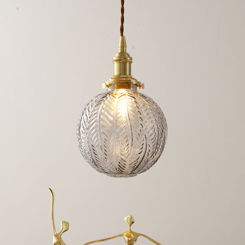 1 Head Spherical Pendant Light Kit Warehouse Brass Finish Clear Textured Glass Hanging Lamp Kit Clearhalo 'Ceiling Lights' 'Glass shade' 'Glass' 'Industrial Pendants' 'Industrial' 'Middle Century Pendants' 'Pendant Lights' 'Pendants' 'Tiffany' Lighting' 2011343
