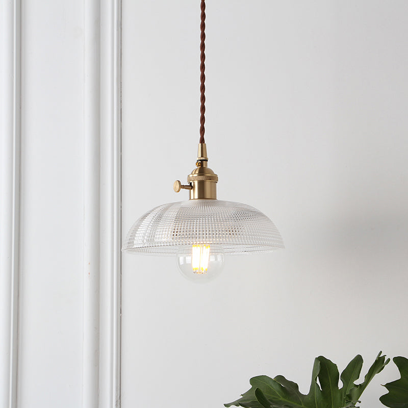 1-Bulb Hanging Lamp Farm Dining Room Pendant Lighting Fixture with Geometry Clear Lattice Glass Shade in Brass Brass B Clearhalo 'Ceiling Lights' 'Glass shade' 'Glass' 'Industrial Pendants' 'Industrial' 'Middle Century Pendants' 'Pendant Lights' 'Pendants' 'Tiffany' Lighting' 2011365