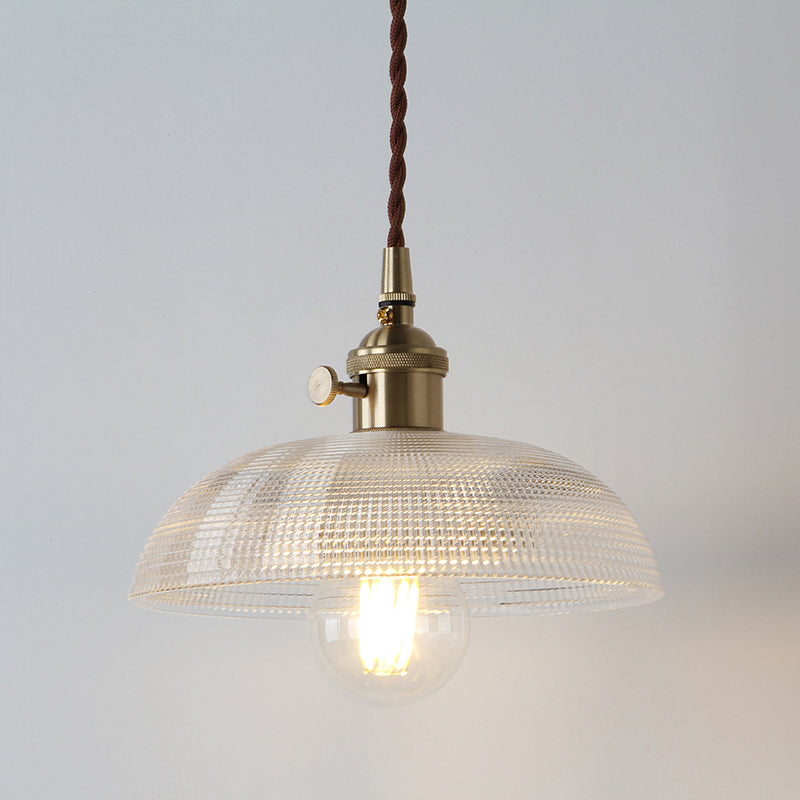 1-Bulb Hanging Lamp Farm Dining Room Pendant Lighting Fixture with Geometry Clear Lattice Glass Shade in Brass Clearhalo 'Ceiling Lights' 'Glass shade' 'Glass' 'Industrial Pendants' 'Industrial' 'Middle Century Pendants' 'Pendant Lights' 'Pendants' 'Tiffany' Lighting' 2011366