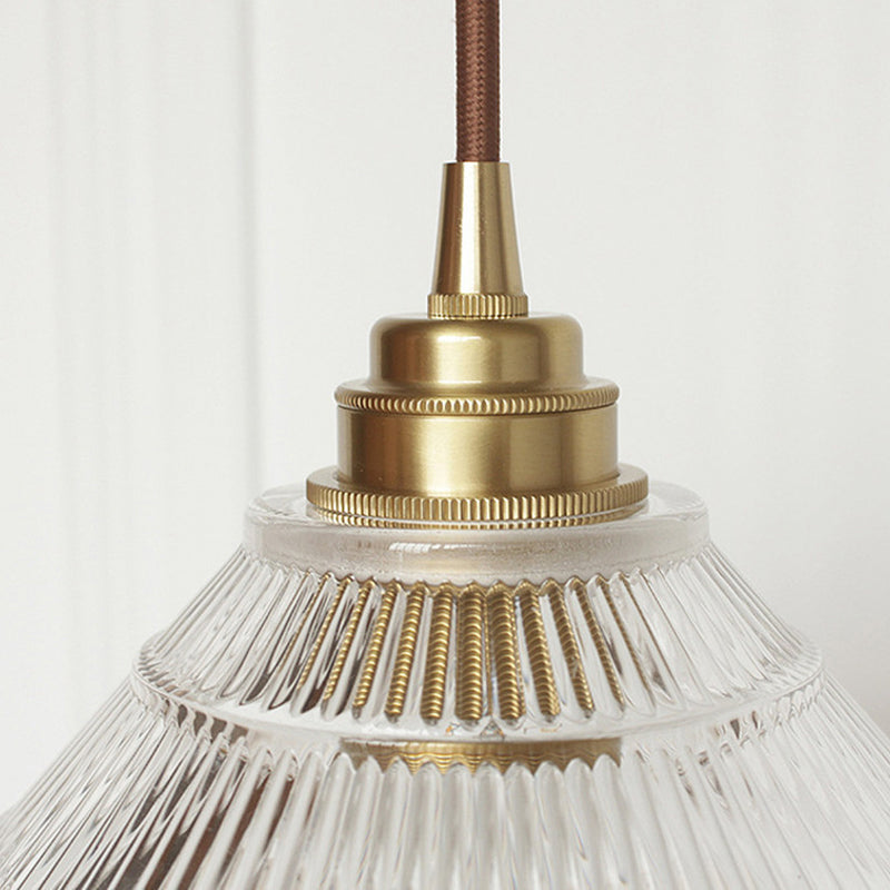 1-Light Clear Ribbed Glass Drop Lamp Industrial Brass Cone Shade Dining Room Ceiling Light Clearhalo 'Ceiling Lights' 'Glass shade' 'Glass' 'Industrial Pendants' 'Industrial' 'Middle Century Pendants' 'Pendant Lights' 'Pendants' 'Tiffany' Lighting' 2011379