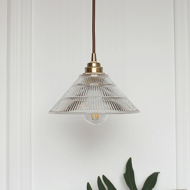 1-Light Clear Ribbed Glass Drop Lamp Industrial Brass Cone Shade Dining Room Ceiling Light Clearhalo 'Ceiling Lights' 'Glass shade' 'Glass' 'Industrial Pendants' 'Industrial' 'Middle Century Pendants' 'Pendant Lights' 'Pendants' 'Tiffany' Lighting' 2011380