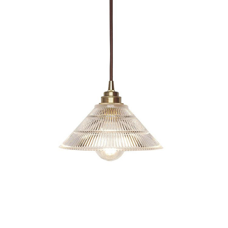 1-Light Clear Ribbed Glass Drop Lamp Industrial Brass Cone Shade Dining Room Ceiling Light Clearhalo 'Ceiling Lights' 'Glass shade' 'Glass' 'Industrial Pendants' 'Industrial' 'Middle Century Pendants' 'Pendant Lights' 'Pendants' 'Tiffany' Lighting' 2011383