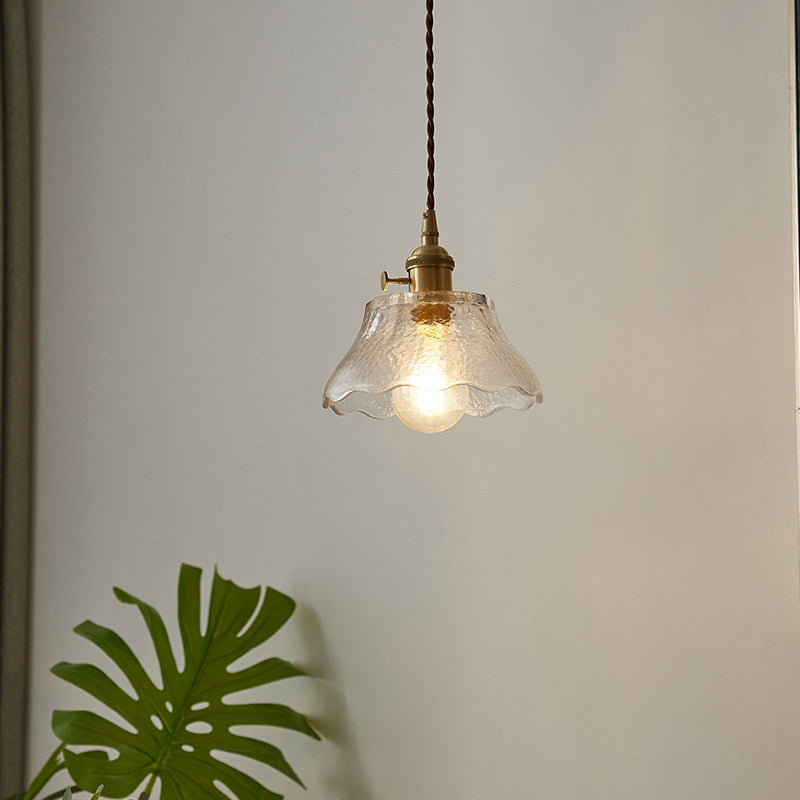 Brass 1-Light Suspension Lamp Farmhouse Water Glass Scalloped Hanging Light Kit Clearhalo 'Ceiling Lights' 'Glass shade' 'Glass' 'Industrial Pendants' 'Industrial' 'Middle Century Pendants' 'Pendant Lights' 'Pendants' 'Tiffany' Lighting' 2011385