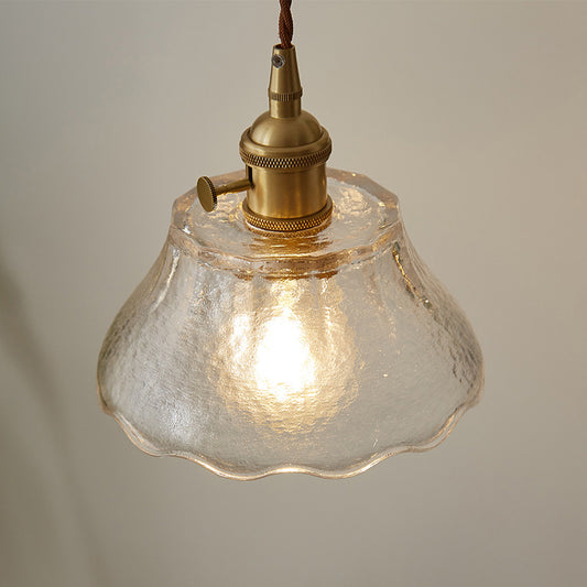 Brass 1-Light Suspension Lamp Farmhouse Water Glass Scalloped Hanging Light Kit Clearhalo 'Ceiling Lights' 'Glass shade' 'Glass' 'Industrial Pendants' 'Industrial' 'Middle Century Pendants' 'Pendant Lights' 'Pendants' 'Tiffany' Lighting' 2011386