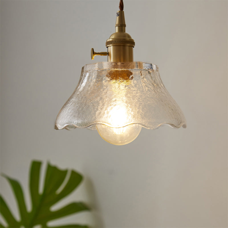 Brass 1-Light Suspension Lamp Farmhouse Water Glass Scalloped Hanging Light Kit Clearhalo 'Ceiling Lights' 'Glass shade' 'Glass' 'Industrial Pendants' 'Industrial' 'Middle Century Pendants' 'Pendant Lights' 'Pendants' 'Tiffany' Lighting' 2011387