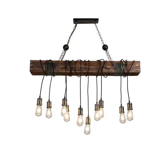 Linear Island Lighting Industrial Gold Finish Wood Pendant Light Fixture with Open Bulb Design Clearhalo 'Cast Iron' 'Ceiling Lights' 'Chandeliers' 'Industrial Chandeliers' 'Industrial' 'Metal' 'Middle Century Chandeliers' 'Rustic Chandeliers' 'Tiffany' Lighting' 2011428