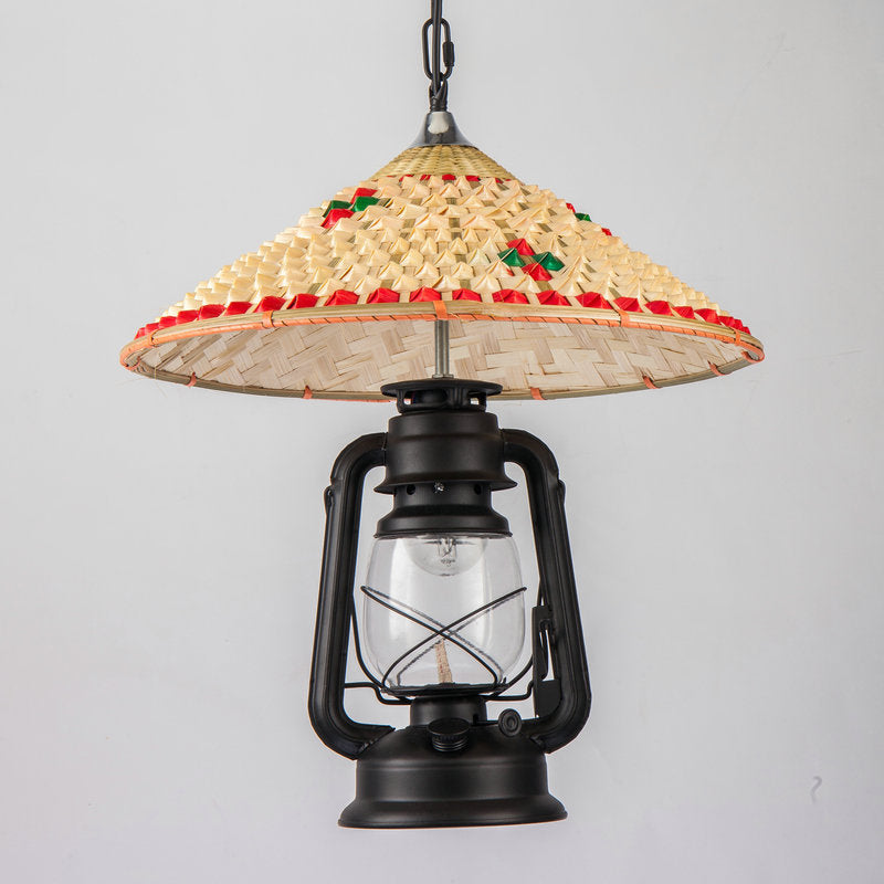 Coastal Lantern Pendant Lamp 1 Bulb Clear Glass Hanging Light Fixture with Hat Bamboo Top Black A Clearhalo 'Art Deco Pendants' 'Black' 'Cast Iron' 'Ceiling Lights' 'Ceramic' 'Crystal' 'Industrial Pendants' 'Industrial' 'Metal' 'Middle Century Pendants' 'Pendant Lights' 'Pendants' 'Rustic Pendants' 'Tiffany' Lighting' 2011467
