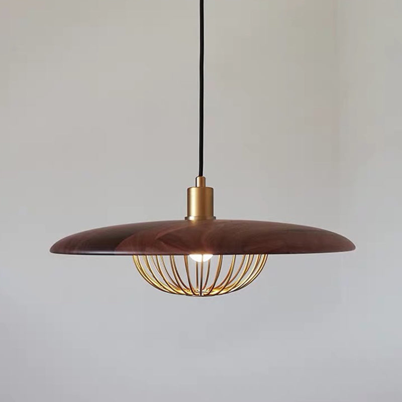Nordic Saucer Pendant Lighting Metal 1 Head Dining Room Ceiling Lamp with Wire Cage Dark Wood Clearhalo 'Ceiling Lights' 'Modern Pendants' 'Modern' 'Pendant Lights' 'Pendants' Lighting' 2011722