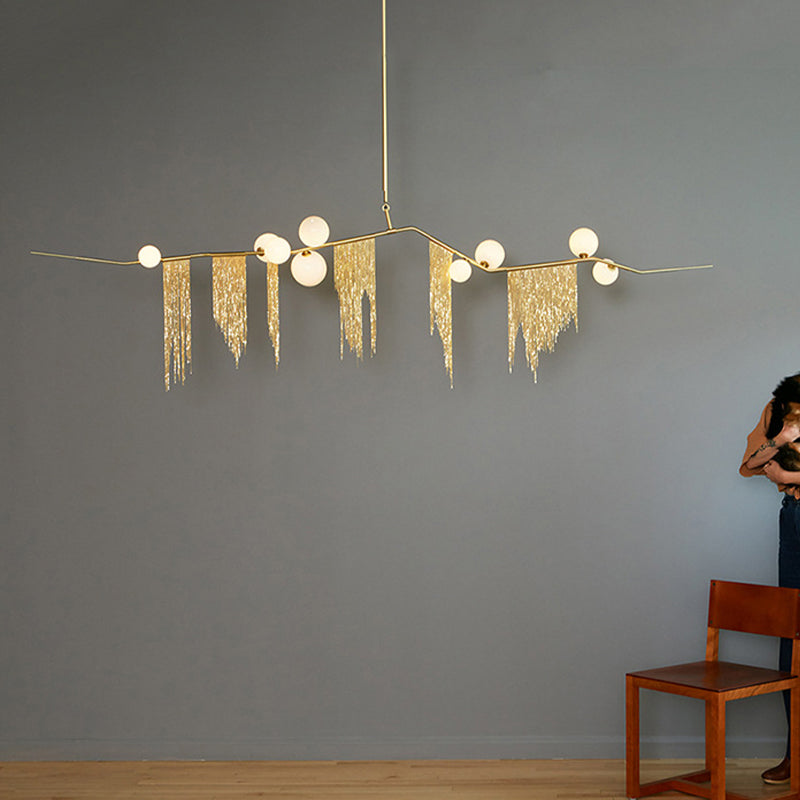 Opal Glass Ball Chandelier Light Kit Modern 9 Lights Drop Pendant in Gold with Tassel Fringe Clearhalo 'Ceiling Lights' 'Chandeliers' 'Modern Chandeliers' 'Modern' Lighting' 2011939