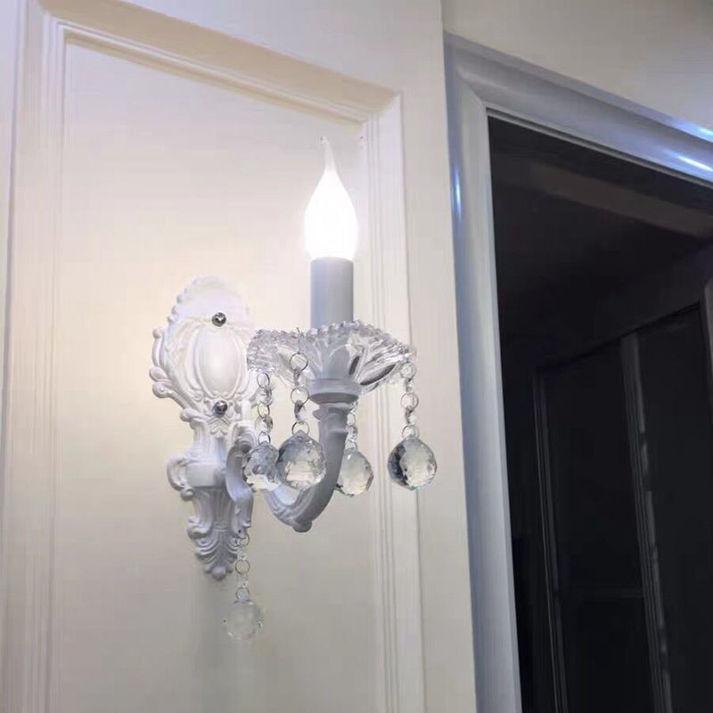 Metal Candle Wall Light Countryside Doorway Wall Lighting Ideas in White with Crystal Draping 1.0 White Clearhalo 'Wall Lamps & Sconces' 'Wall Lights' Lighting' 2011962