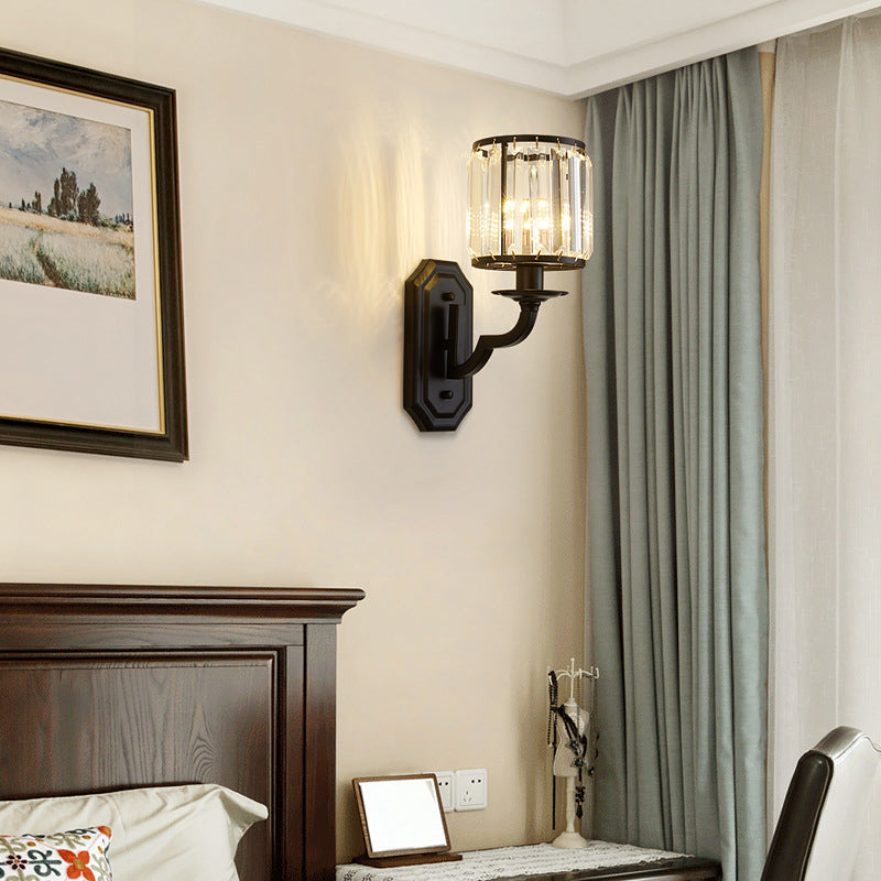 1 Head Wall Mount Light Fixture Rural Drum Faceted Crystal Wall Lamp Sconce in Black Clearhalo 'Wall Lamps & Sconces' 'Wall Lights' Lighting' 2011971